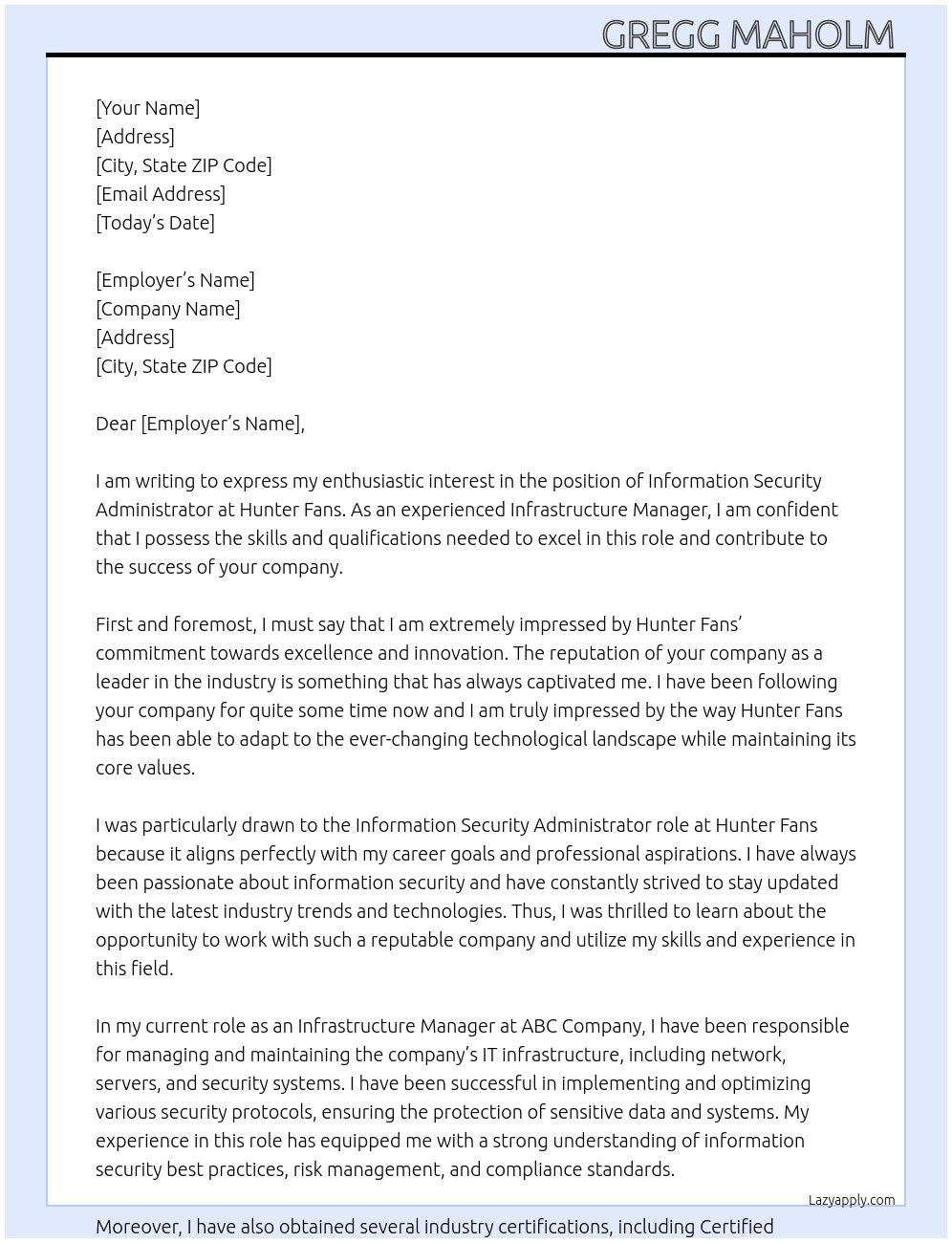Information Security Administrator At Hunter Fans Cover Letter