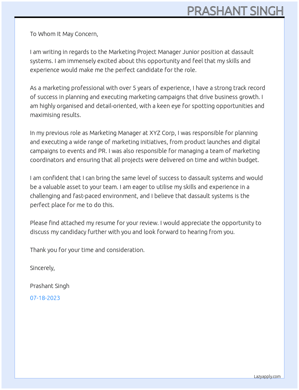 Marketing Project Manager Junior  At dassault systems Cover Letter