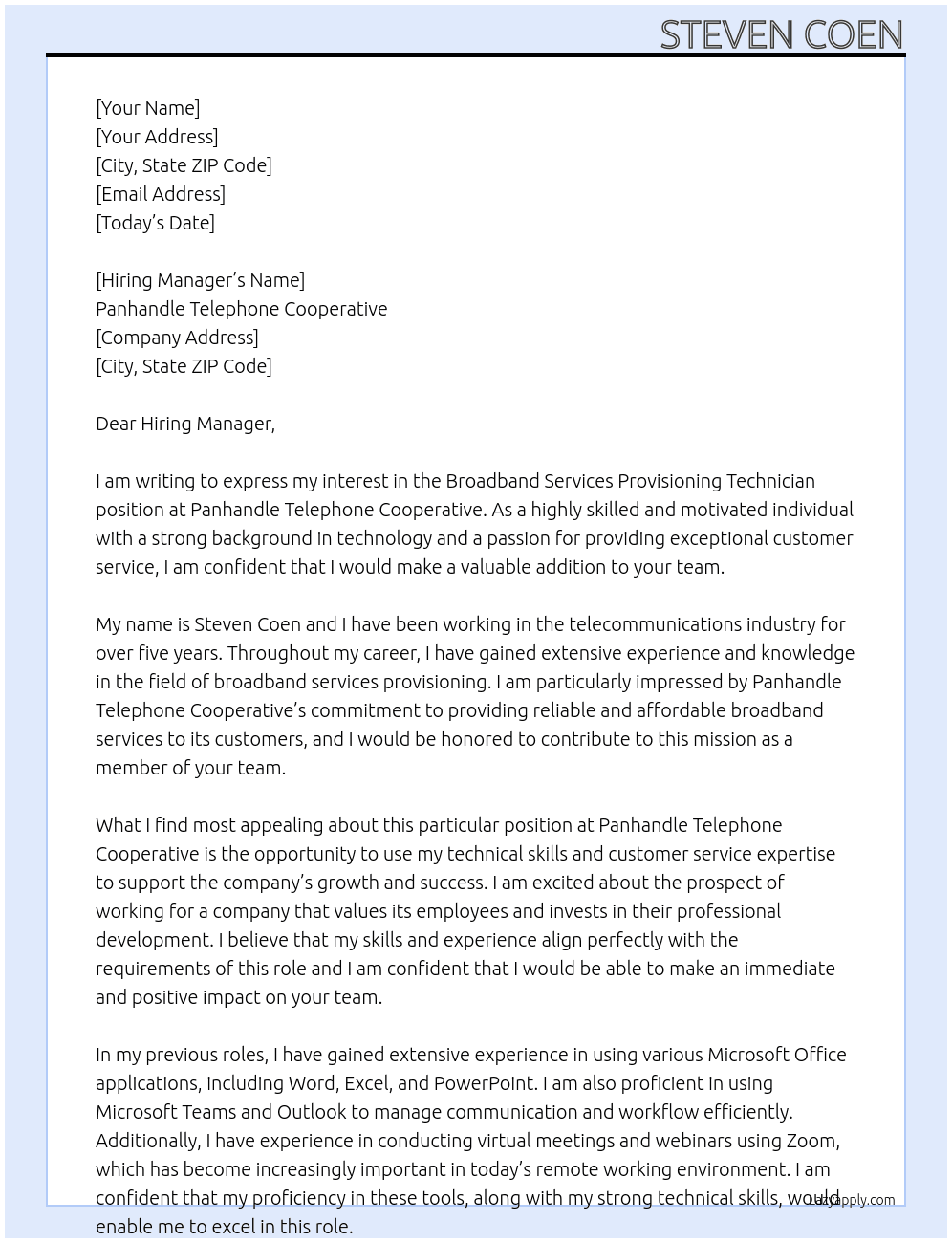 Broadband Services Provisioning Technician At Panhandle Telephone Cooperative Cover Letter