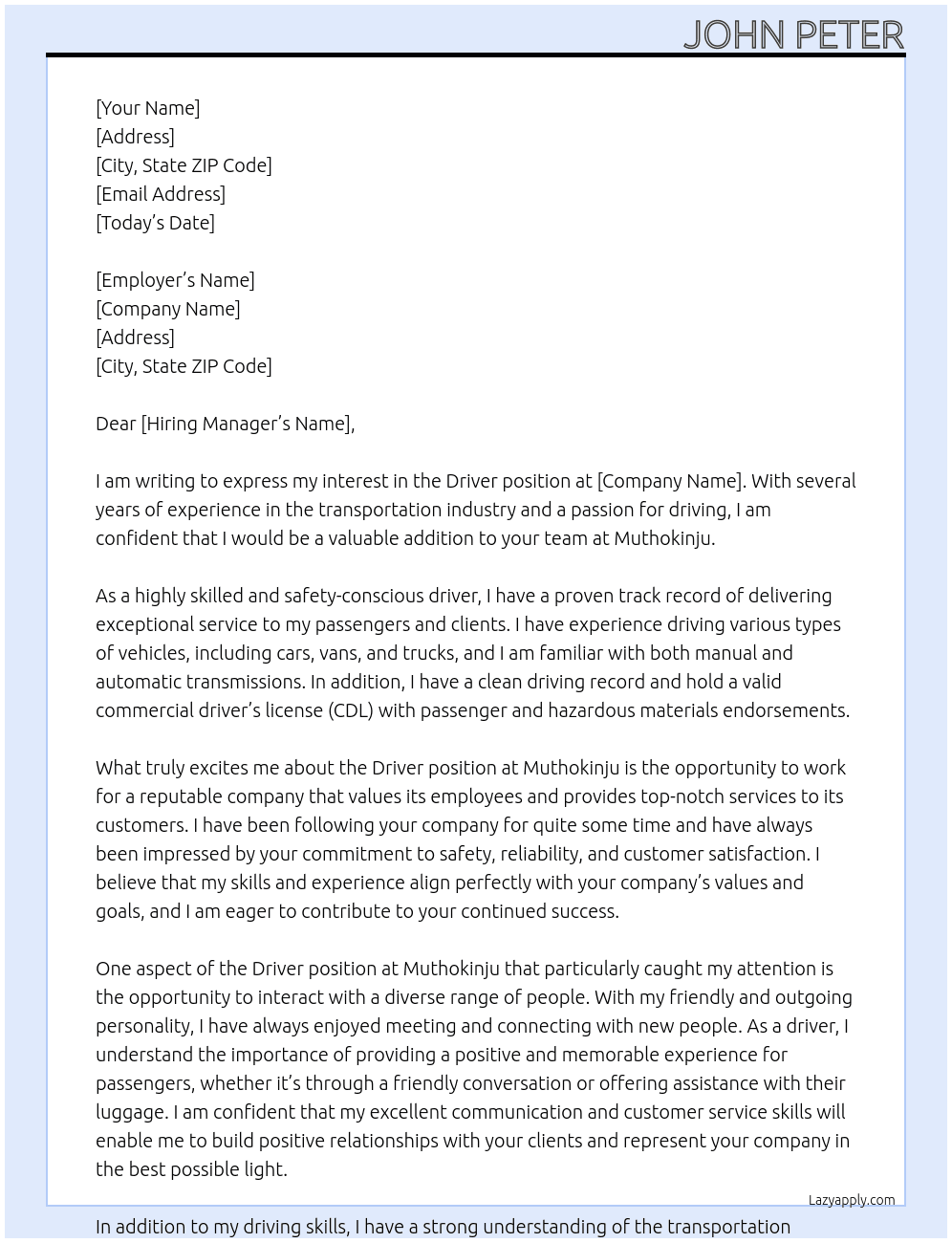 Driver  At Muthokinju Cover Letter