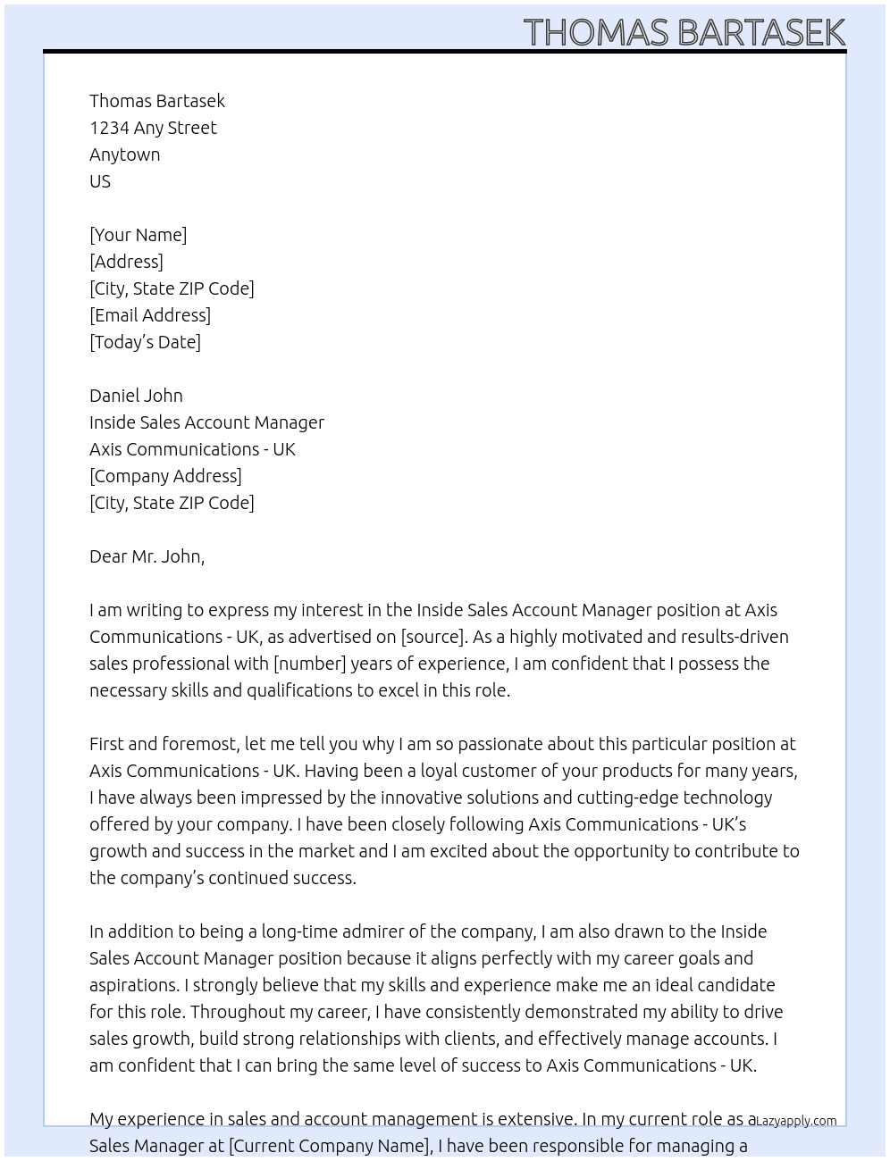 Inside Sales Account Manager At Axis Communications - UK Cover Letter