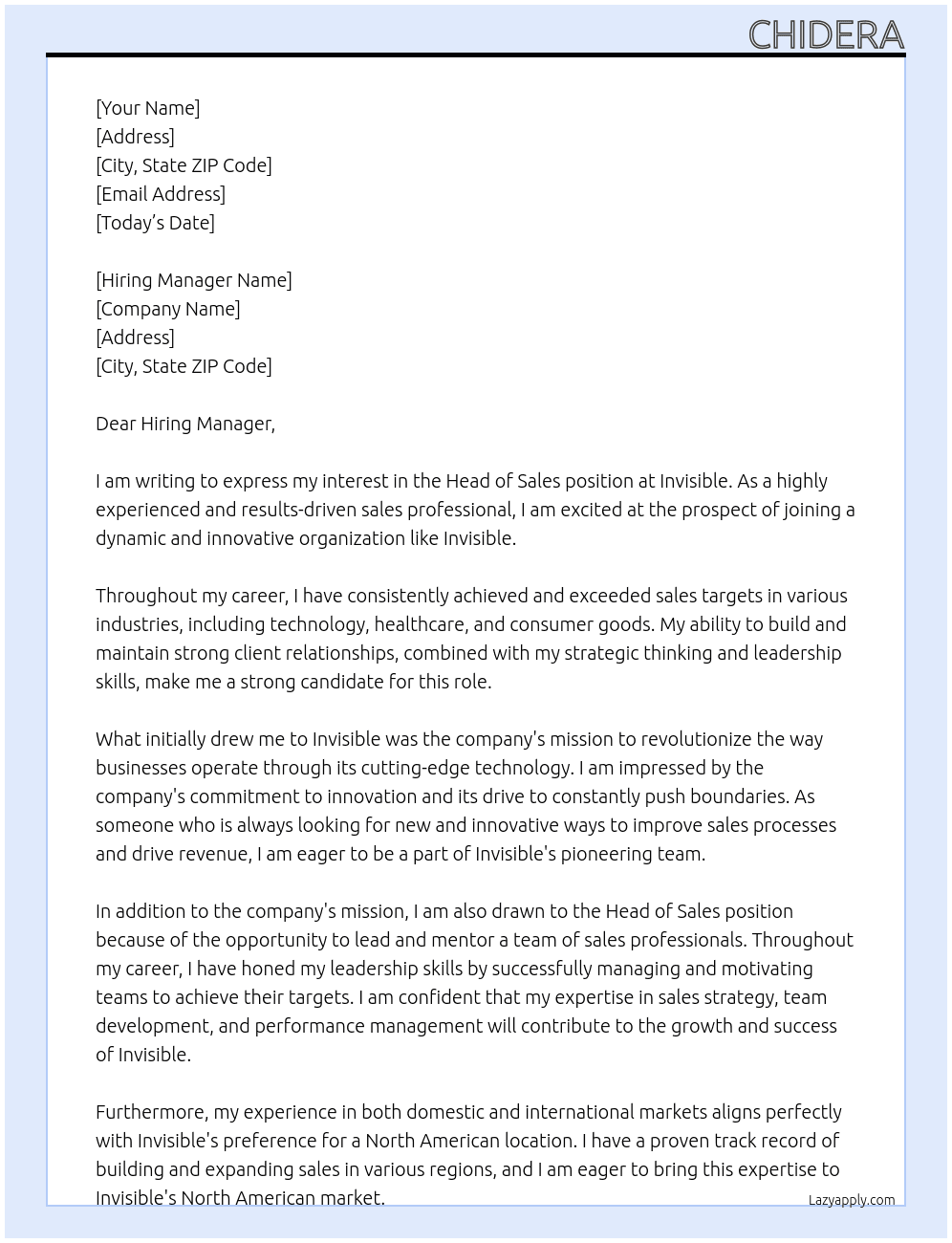 Head of Sales At Invisible  Cover Letter