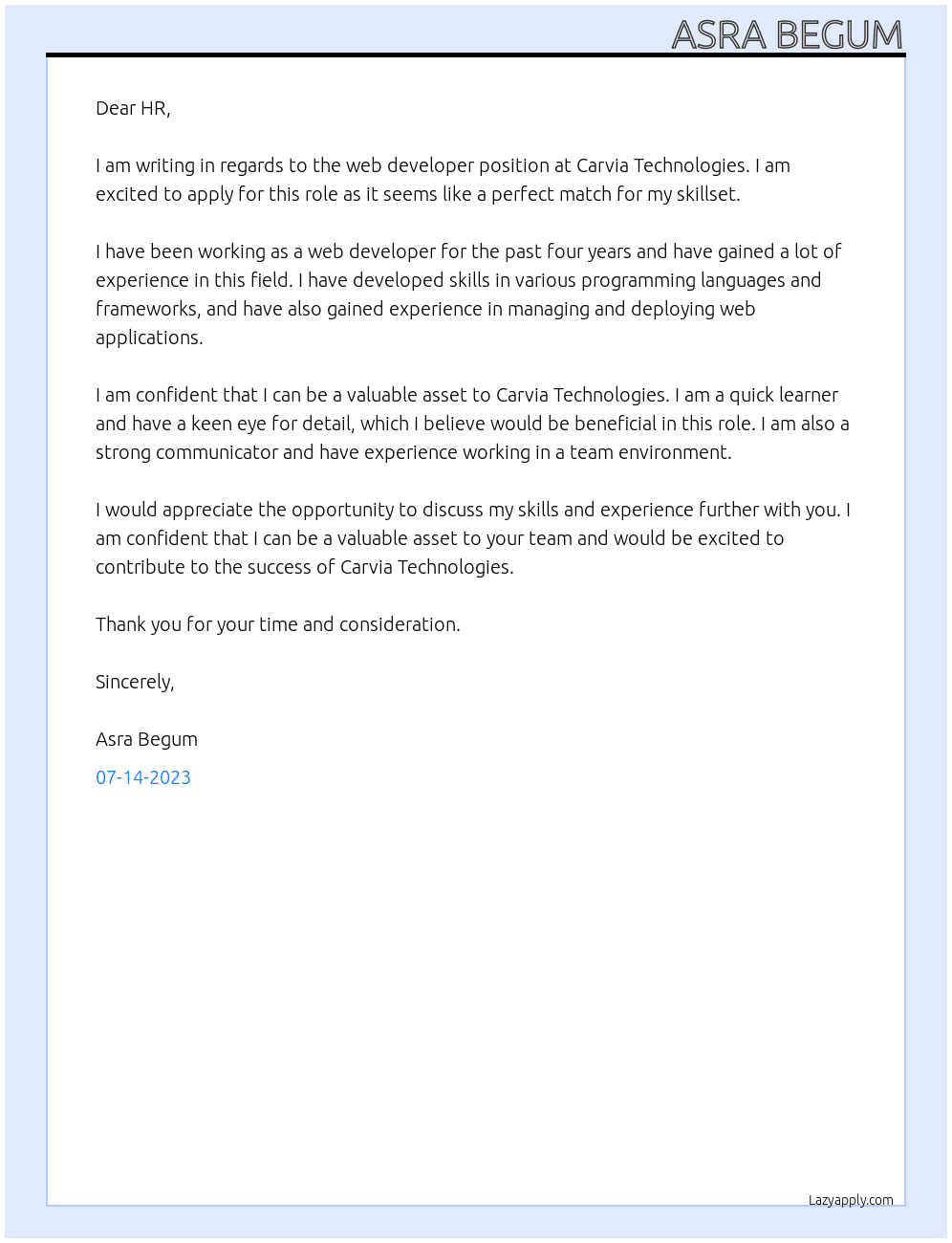 web developer At Carvia Technologies Cover Letter