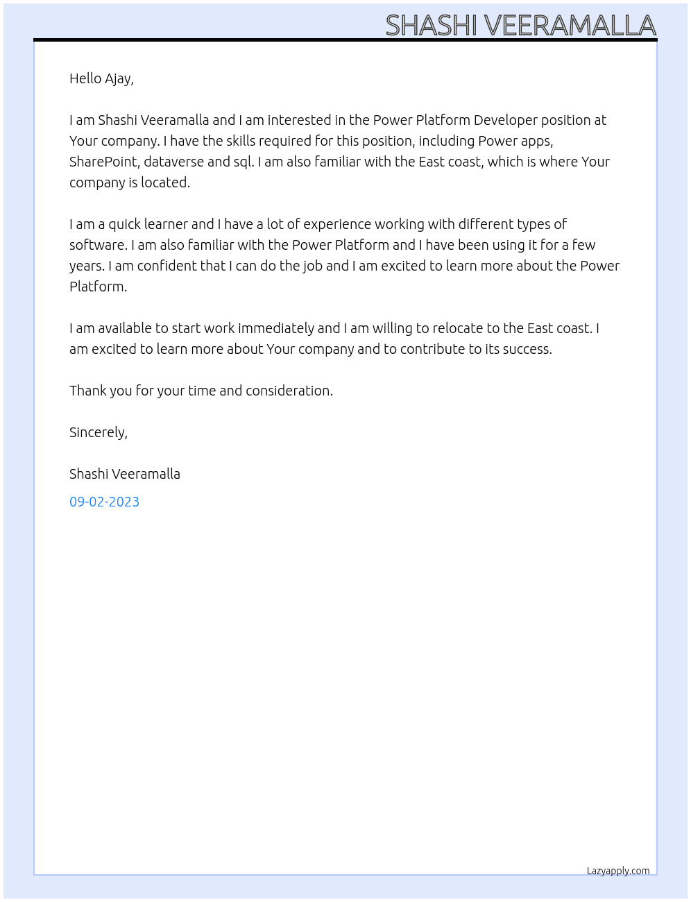 Power Platform Developer  At Your company  Cover Letter