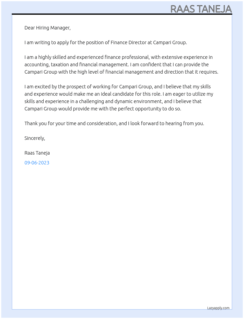 Finance Director At Campari Group Cover Letter