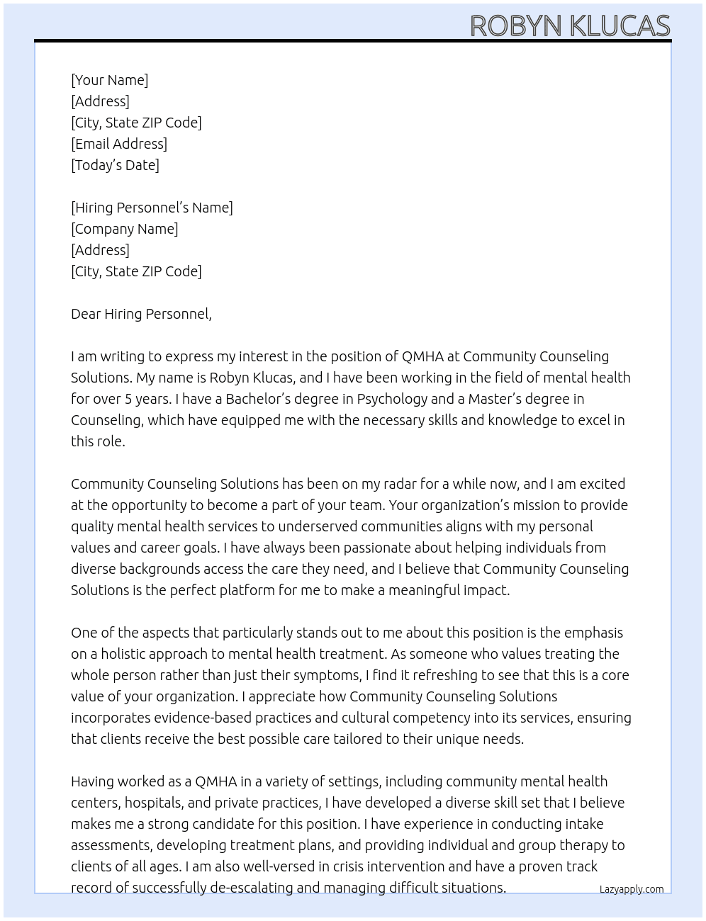 QMHA At Community Counseling Solutions Cover Letter