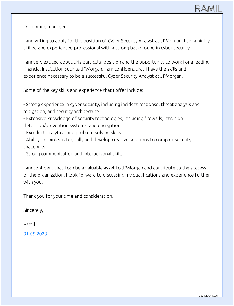 Cover letter for cyber security analist - LazyApply