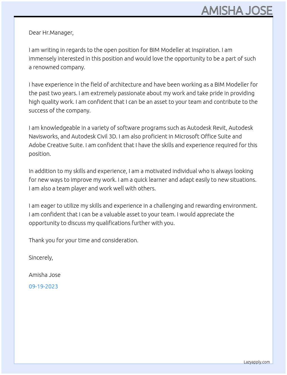 BIM MODELLER  At Inspiration  Cover Letter
