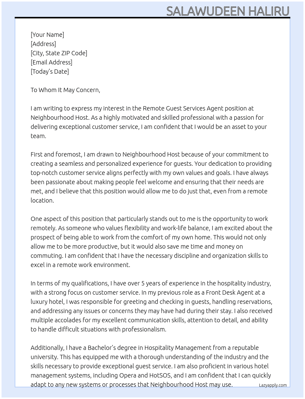 Remote Guest Services Agent At NEIGHBOURHOOD HOST Cover Letter