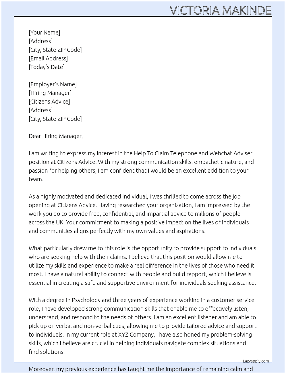 Help To Claim Telephone and Webchat Adviser At Citizens Advice Cover Letter