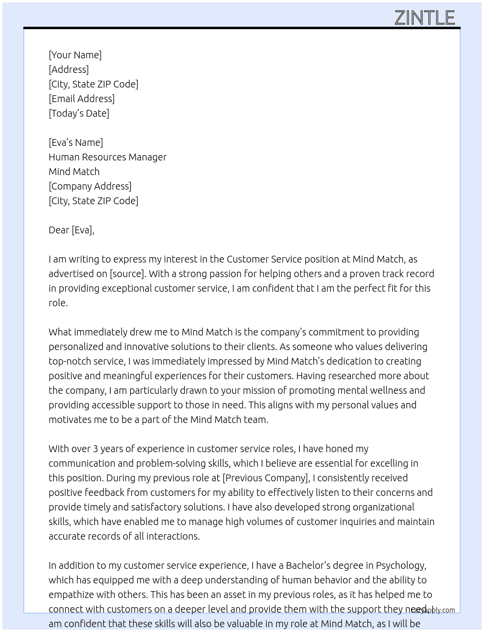 Customer service  At Mind match  Cover Letter