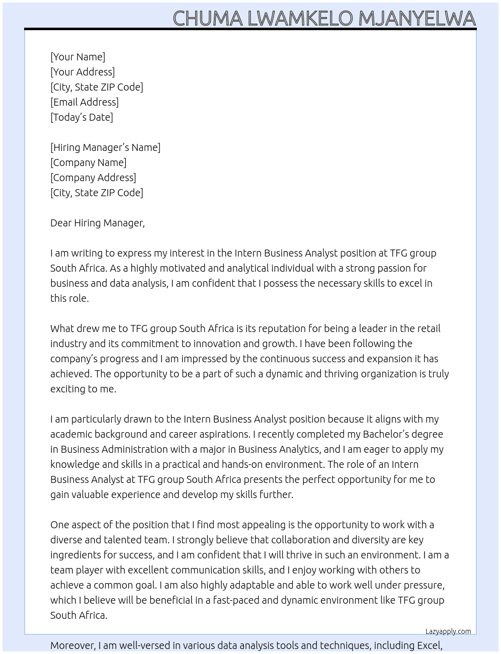 Intern Business Analyst At TFG group South Africa Cover Letter