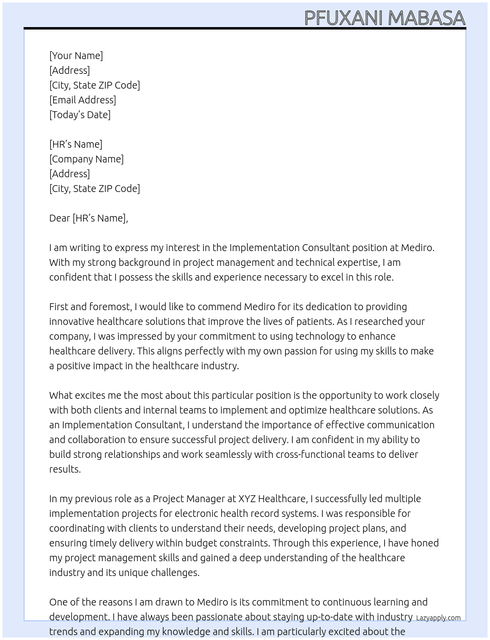 Implementation Consultant At Mediro Cover Letter