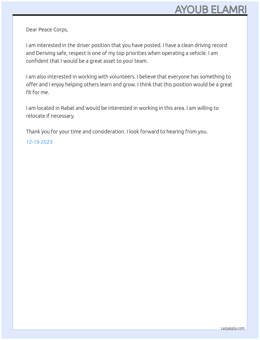 Driver At Peace corps Cover Letter