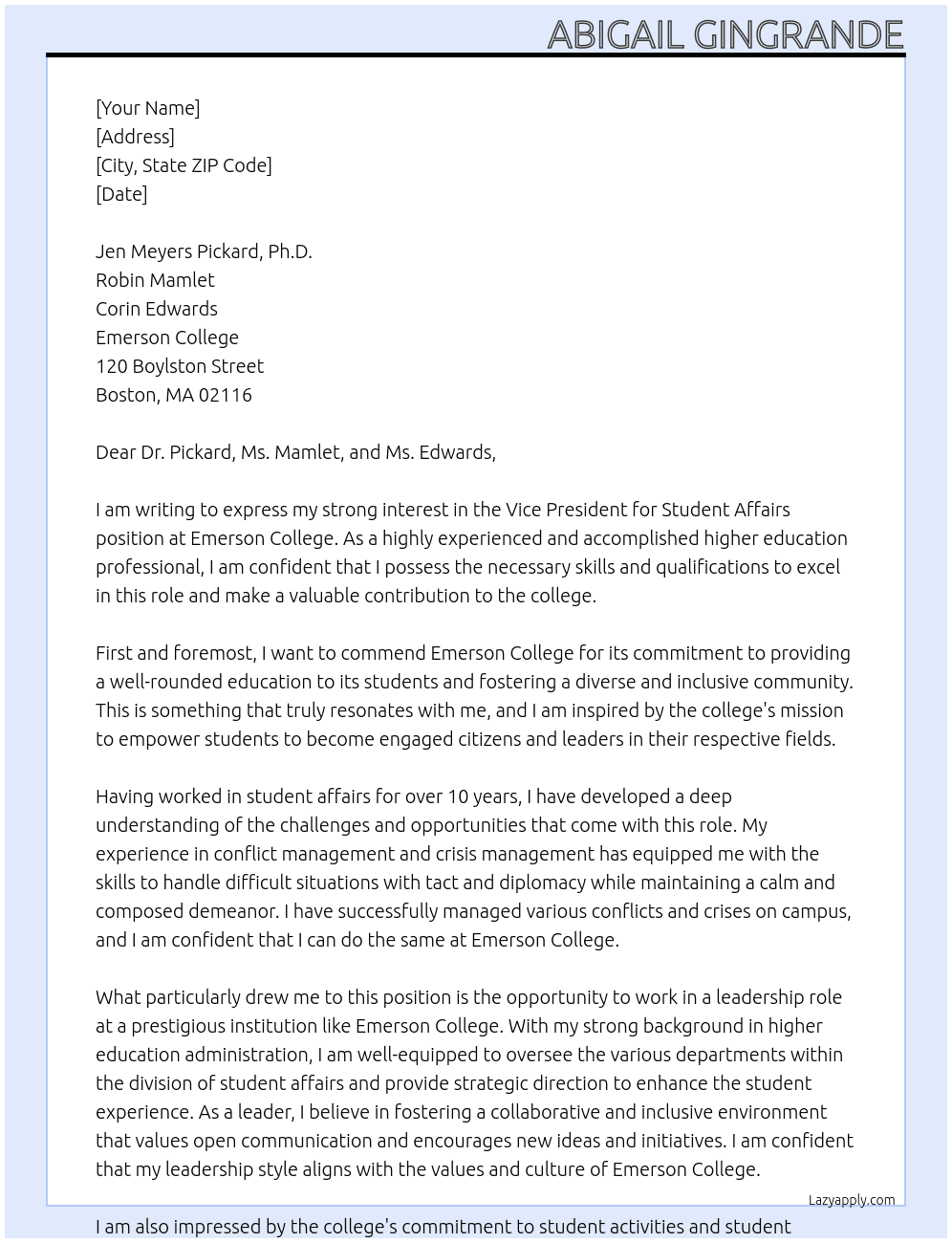 Vice President For Student Affairs At Emerson College Cover Letter