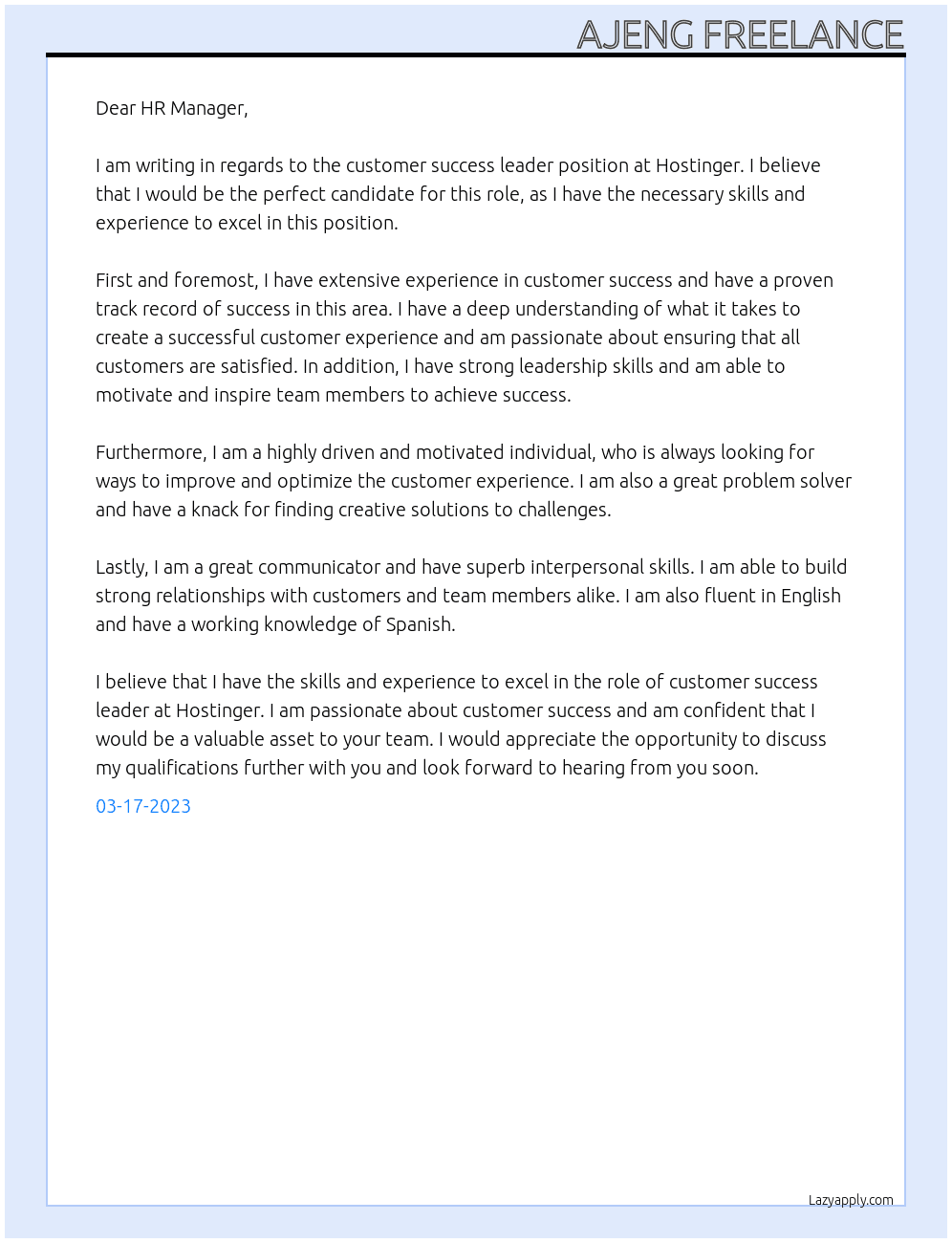 customer success leader At hostinger Cover Letter