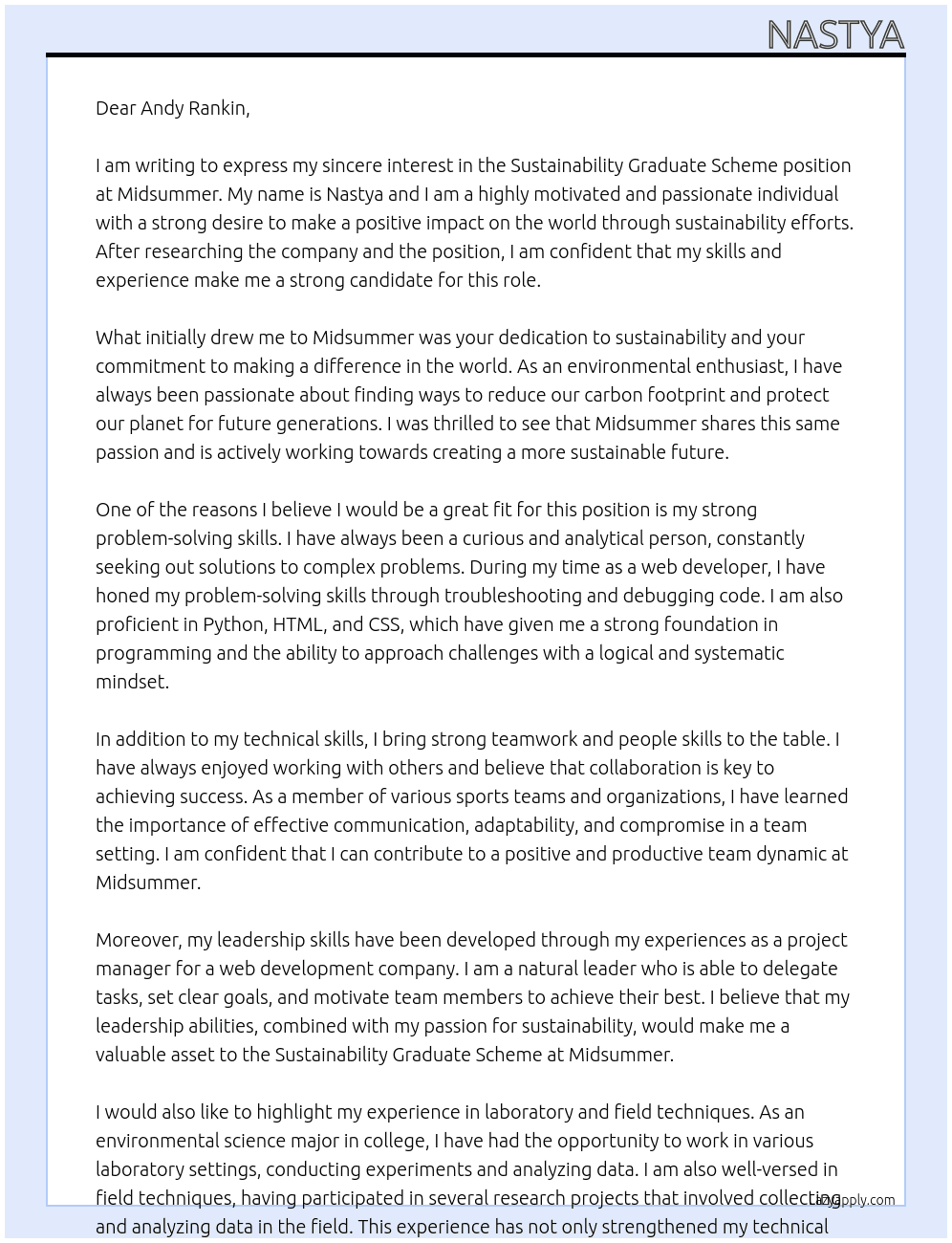 Sustainability: Graduate Scheme  At Midsummer Cover Letter