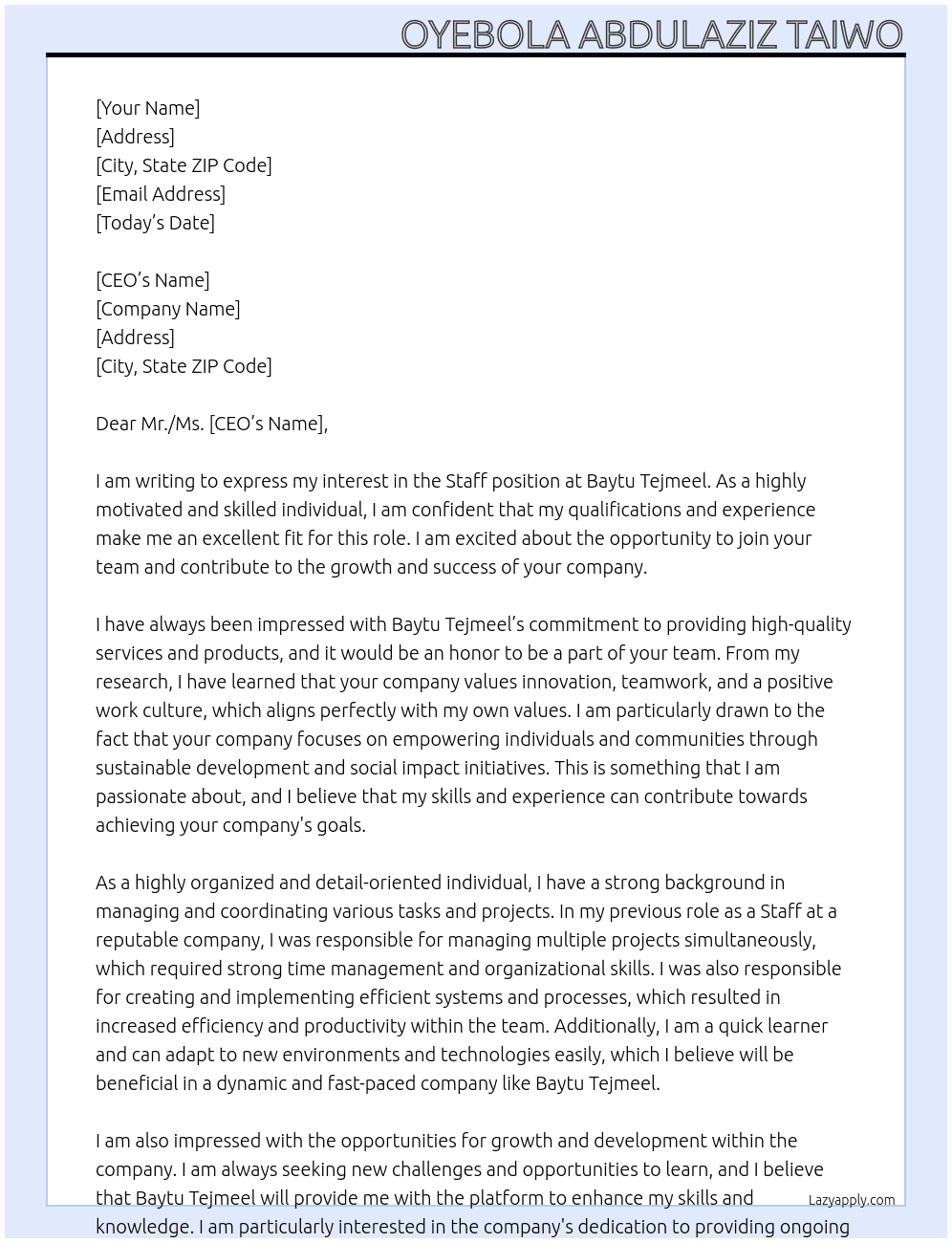 Staff At Baytu Tejmeel Cover Letter