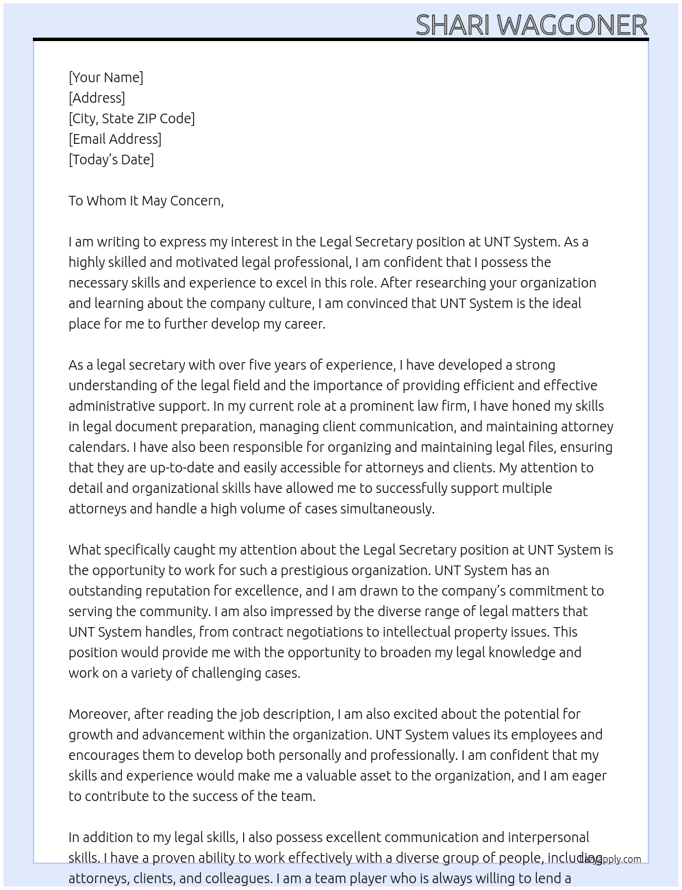 Legal Secretary At UNT System Cover Letter