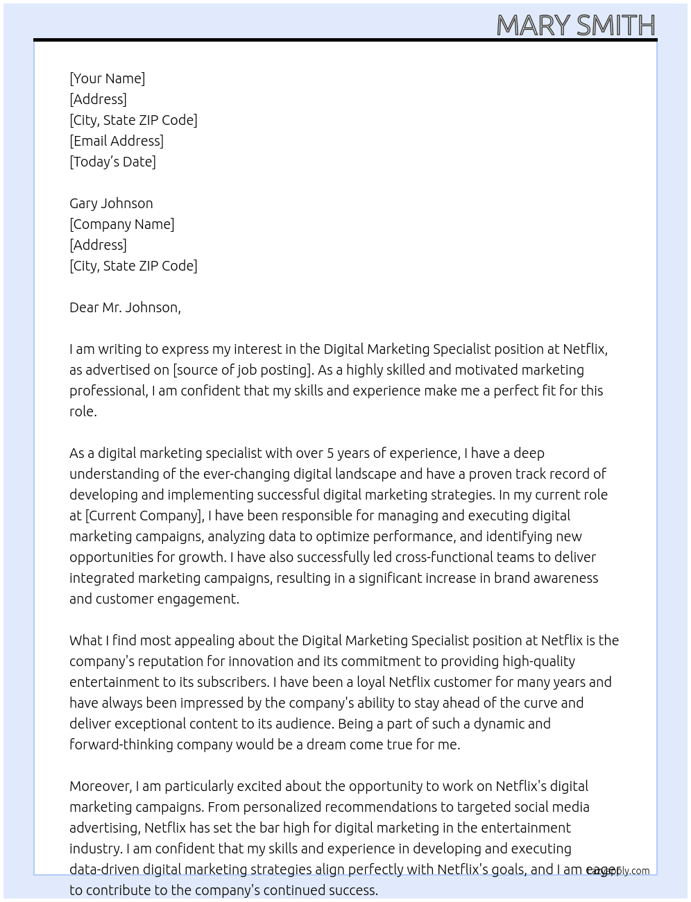 Digital Marketing Specialist At Netflix Cover Letter