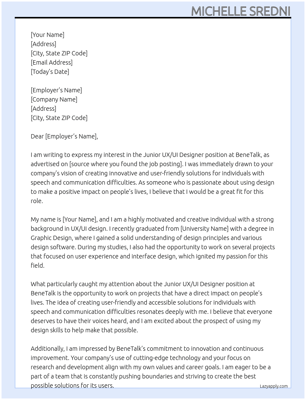 Junior UX/UI Designer At BeneTalk Cover Letter
