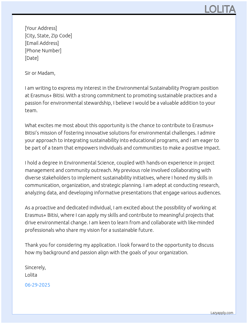 environmental sustainability program applicant At erasmus+; bitisi Cover Letter