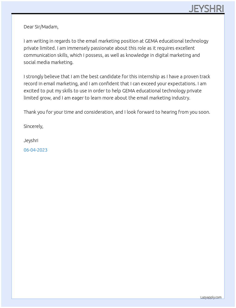 Email marketing At GEMA educational technology private limited Cover Letter