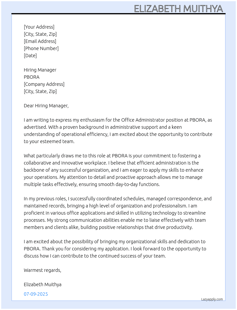 Office Administrator At PBORA  Cover Letter