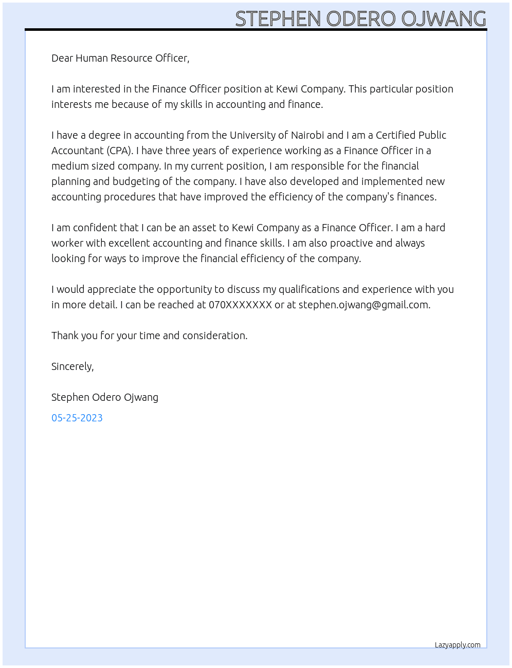 Finance Officer At Kewi Company Cover Letter