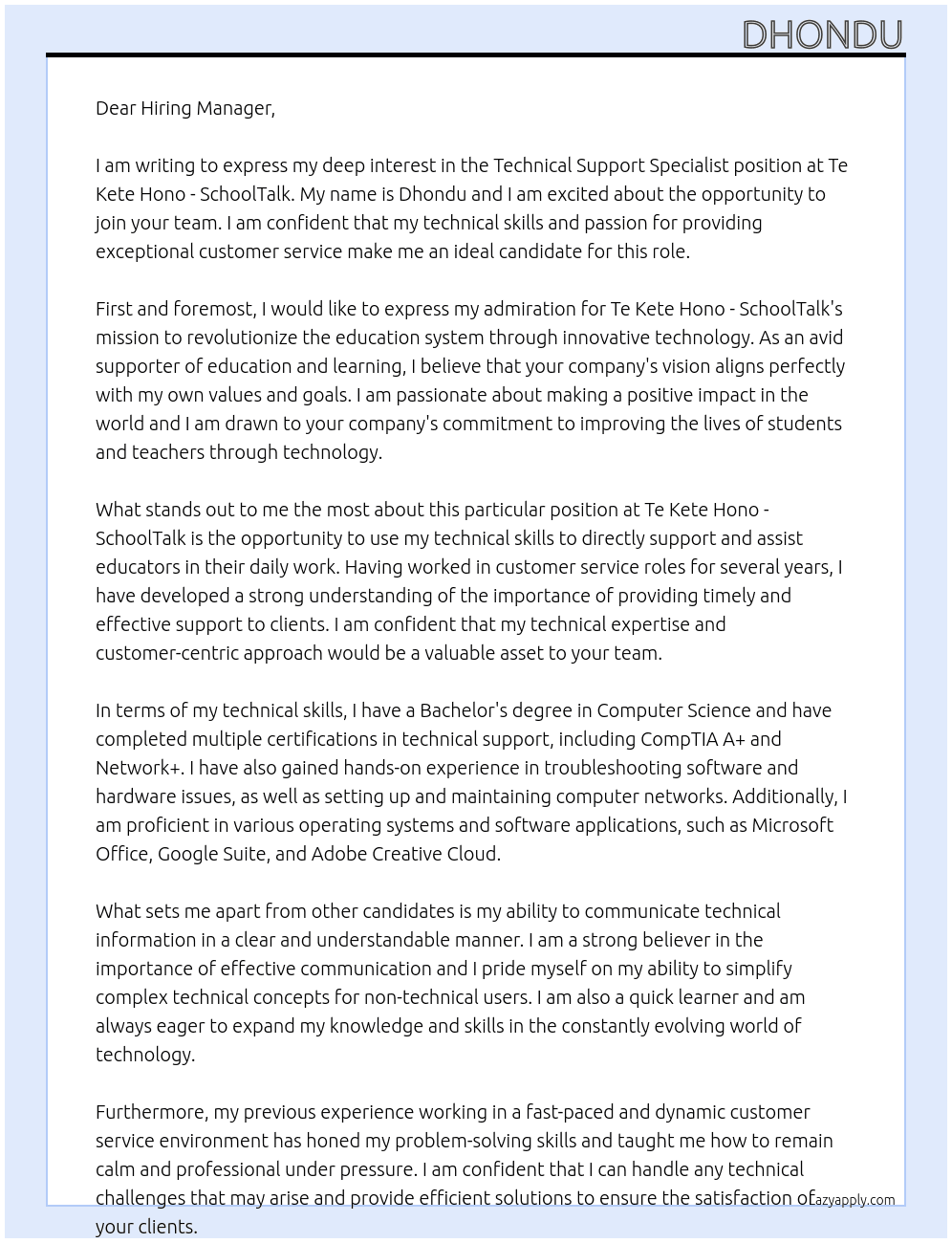 Technical Support Specialist  At Te Kete Hono - SchoolTalk Cover Letter