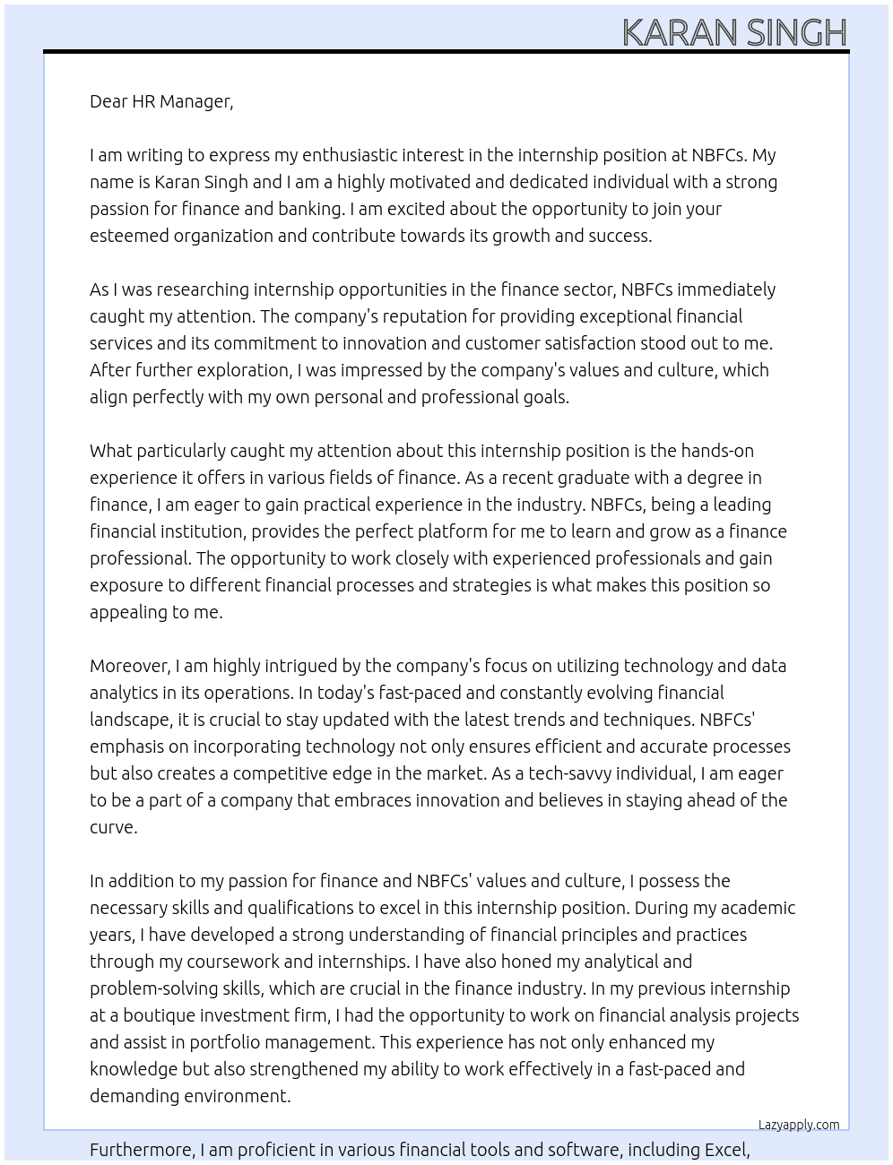 Internship  At NBFCs Cover Letter