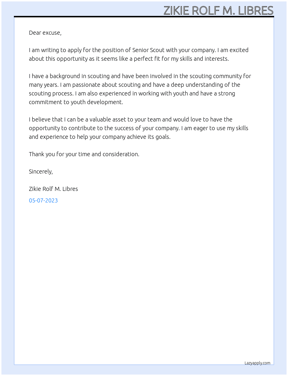 Senior Scout At excuse Cover Letter