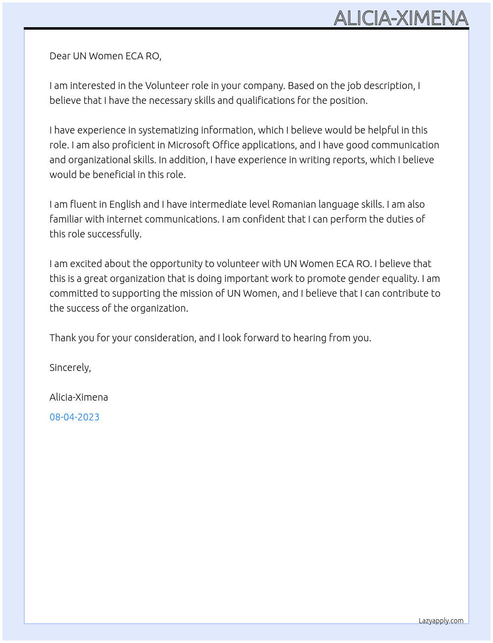 Volunteer At UN Women ECA RO Cover Letter