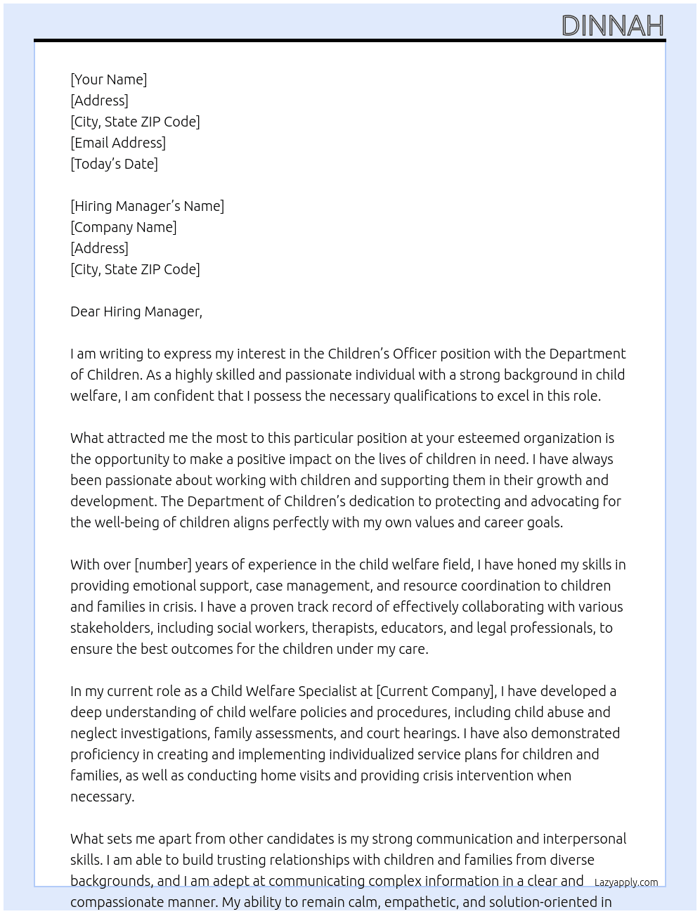 childens officer At department of children Cover Letter