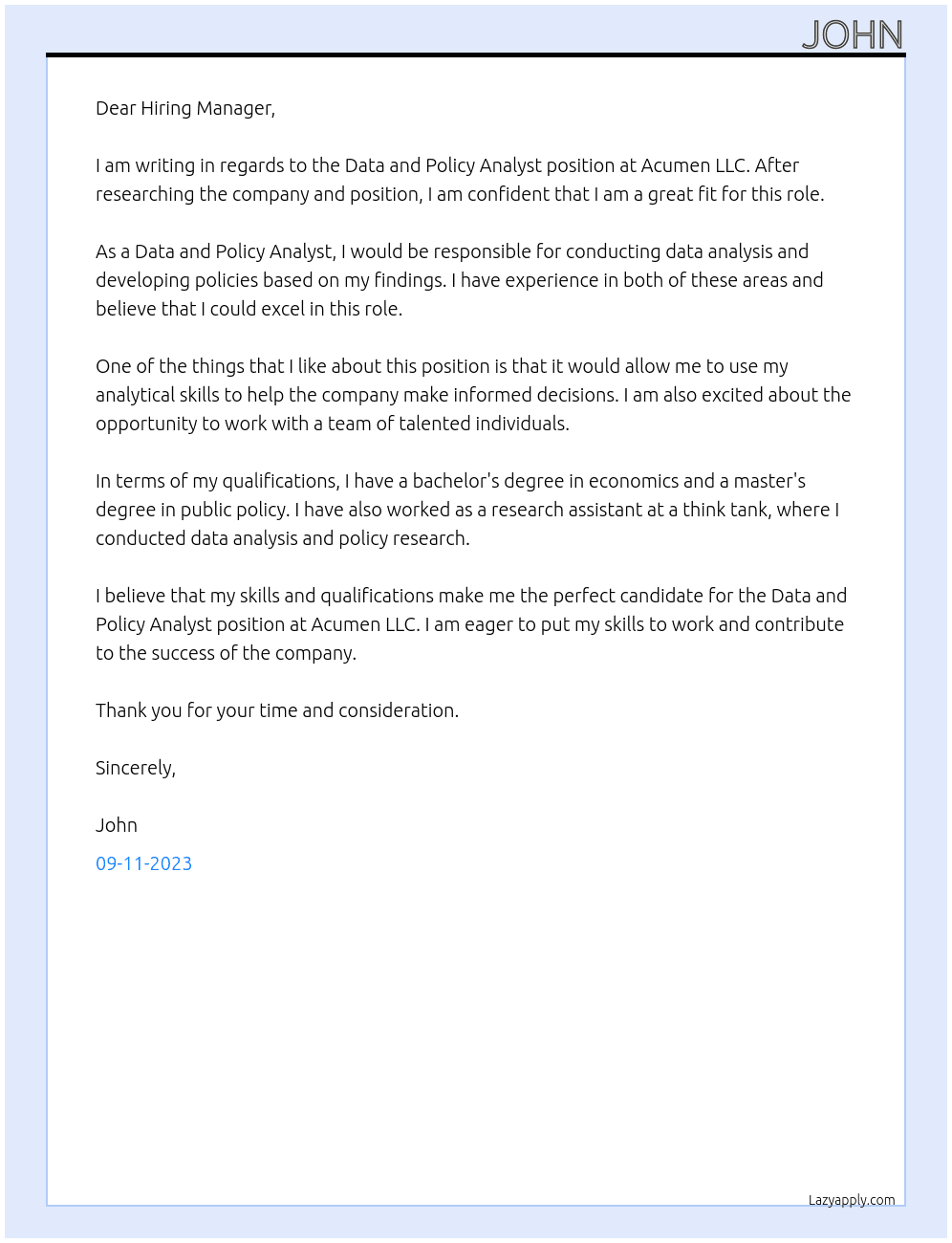 Data and Policy Analyst At Acumen LLC Cover Letter