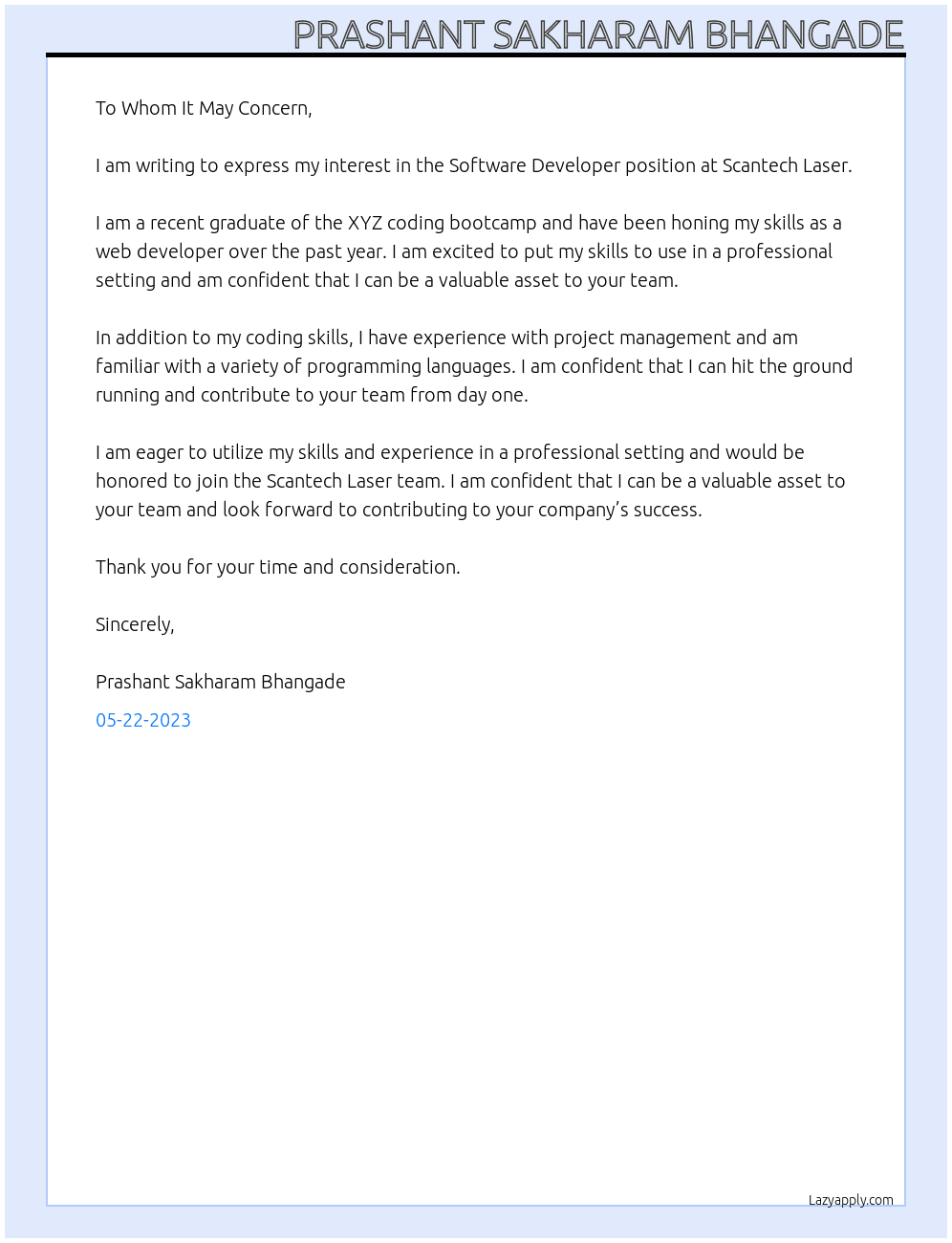 Software Developer At Scantech Laser Cover Letter
