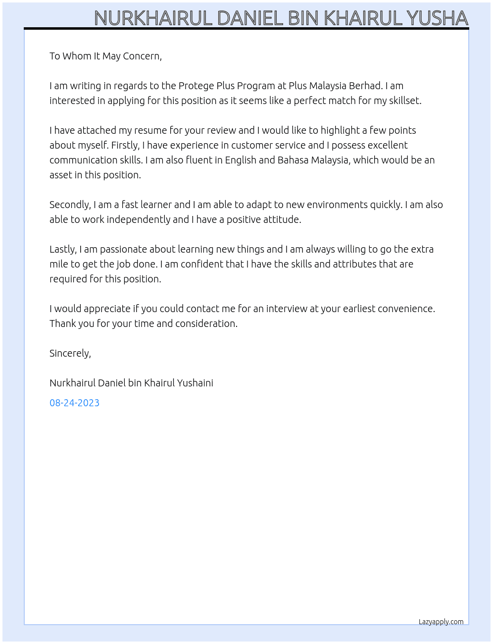 protege plus program At Plus Malaysia Berhad Cover Letter