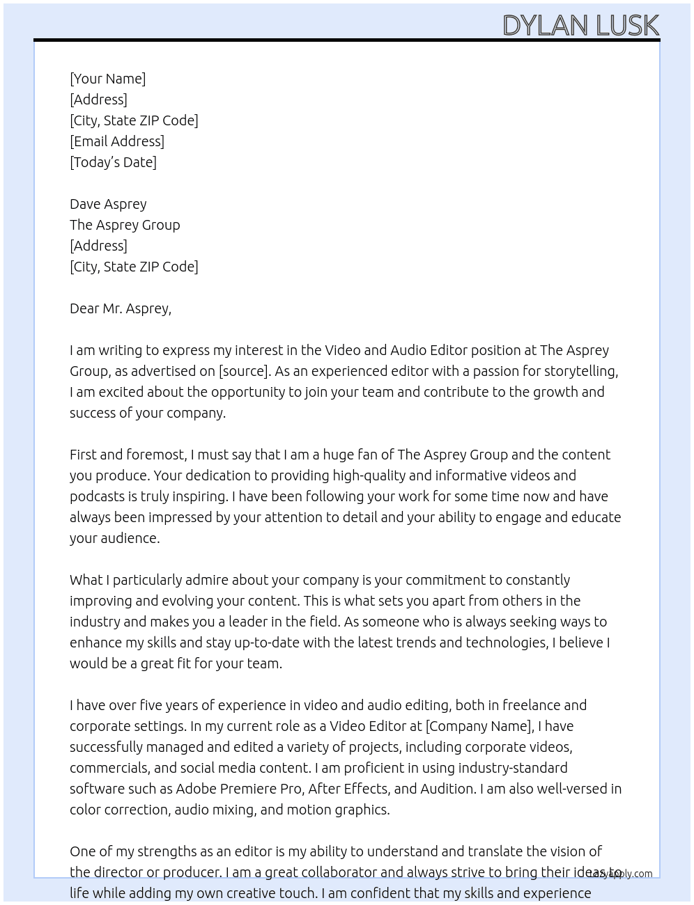 Video and Audio Editor At The Asprey Group Cover Letter