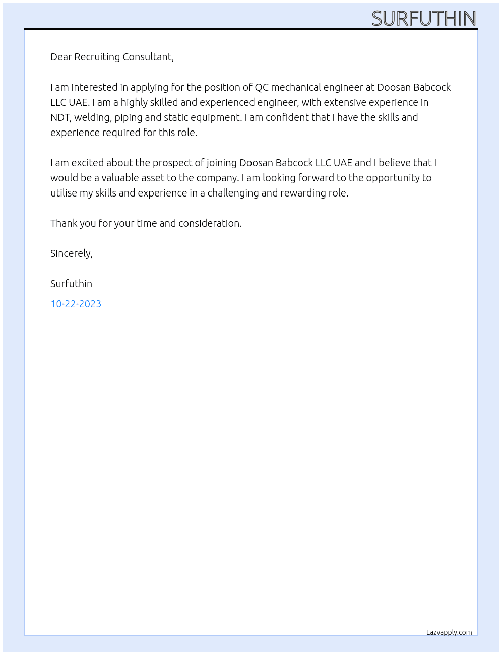 Qc mechanical engineer  At Doosan Babcock LLC UAE  Cover Letter