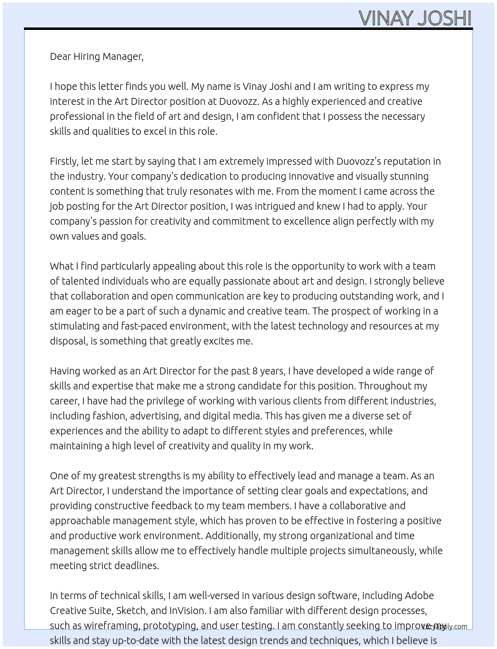 Art Director At Duovozz Cover Letter