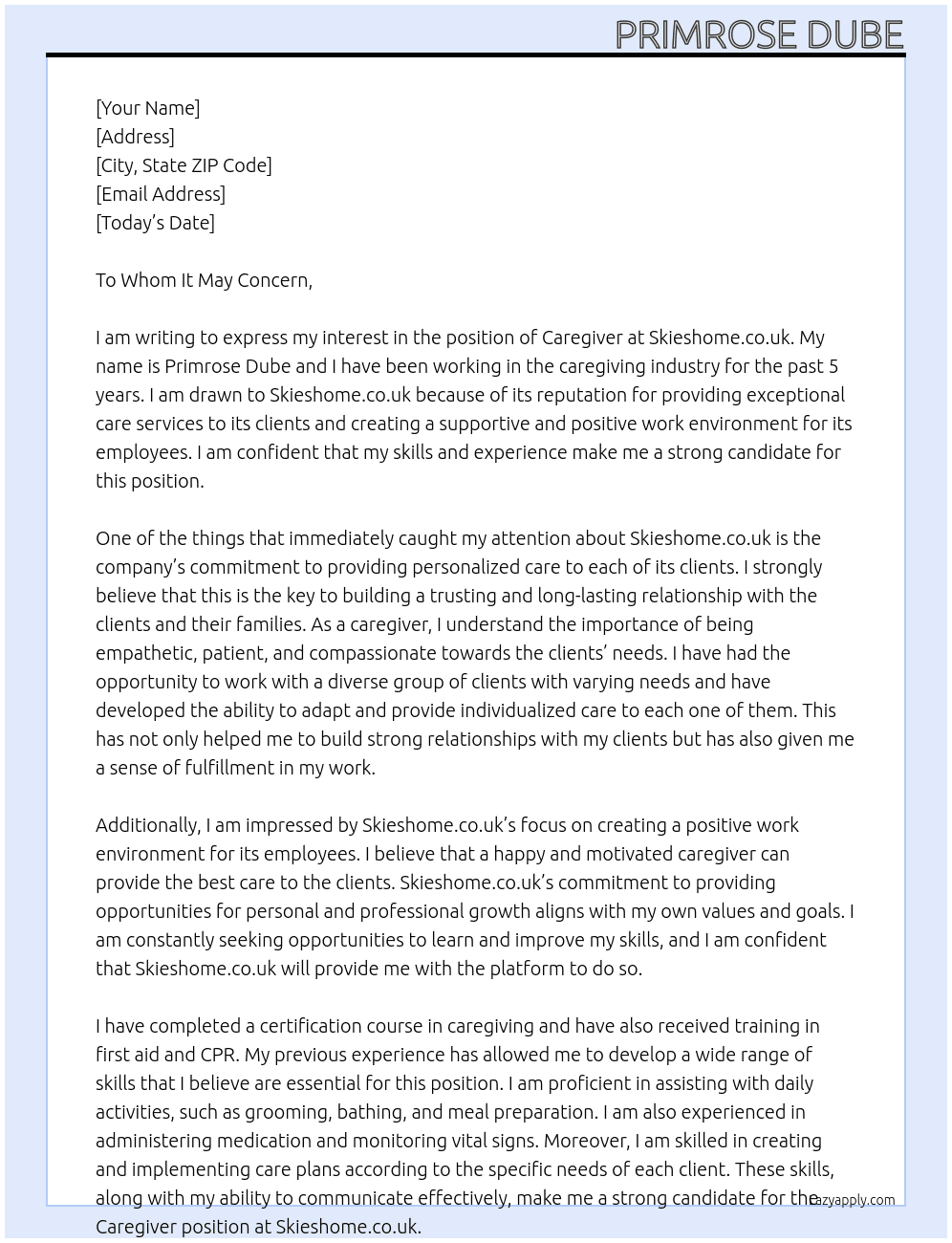 Caregiver  At Skieshome.co.uk Cover Letter