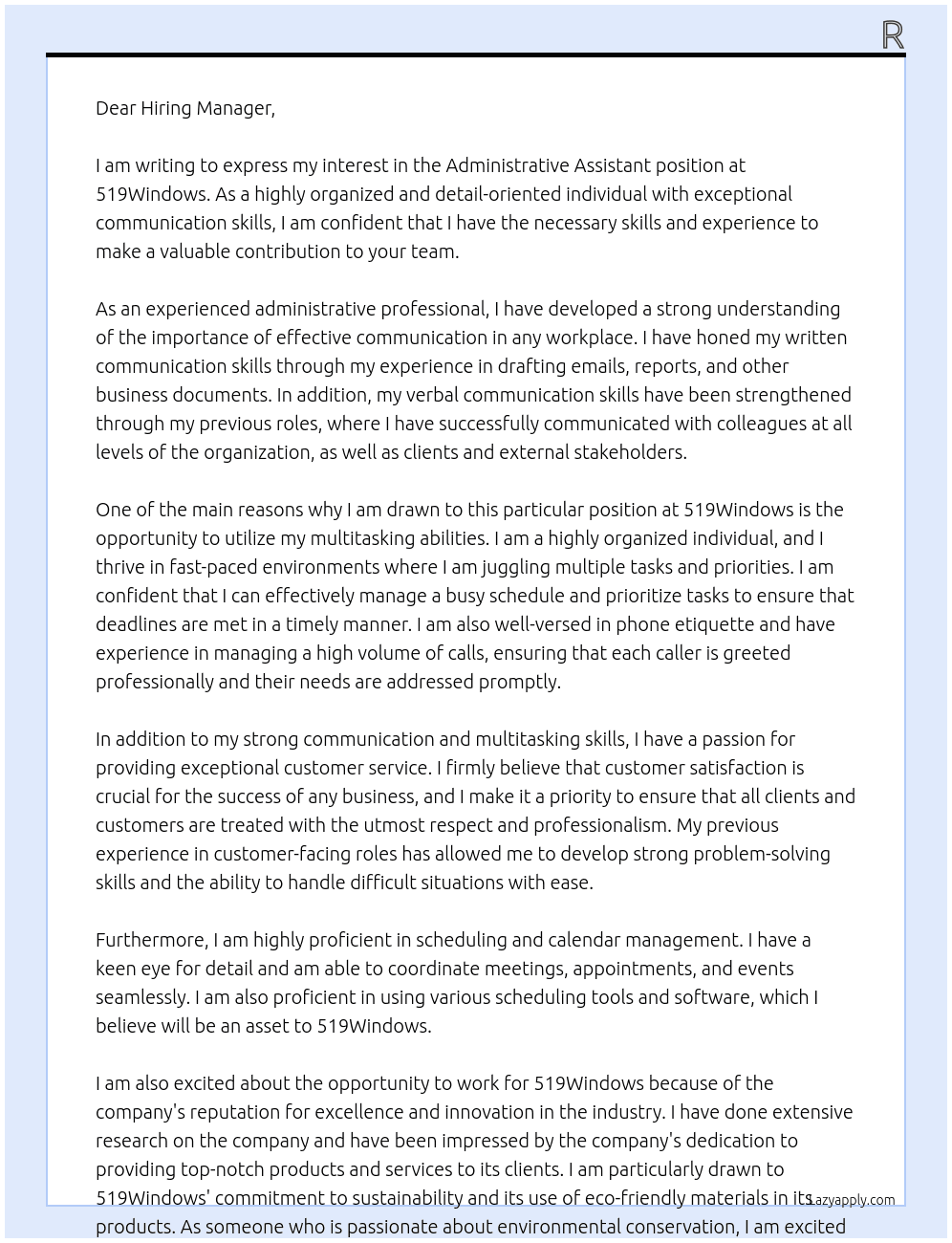 Administrative Assistant At 519Windows Cover Letter