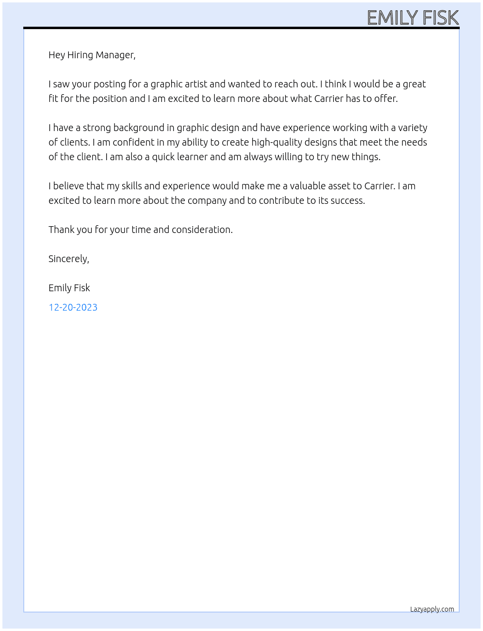 Graphic Artist At Carrier Cover Letter