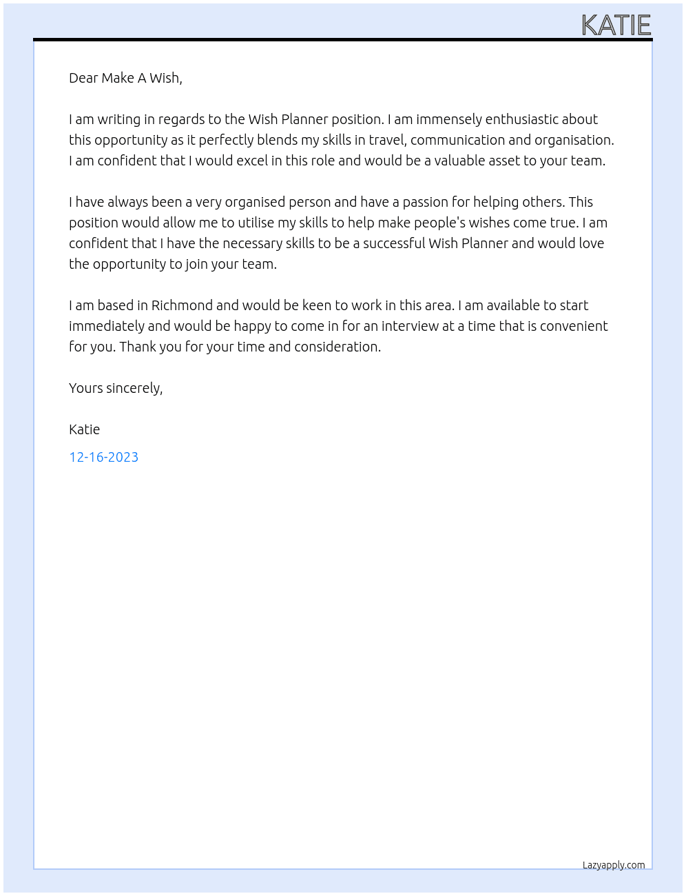 Wish planner At Make a wish Cover Letter