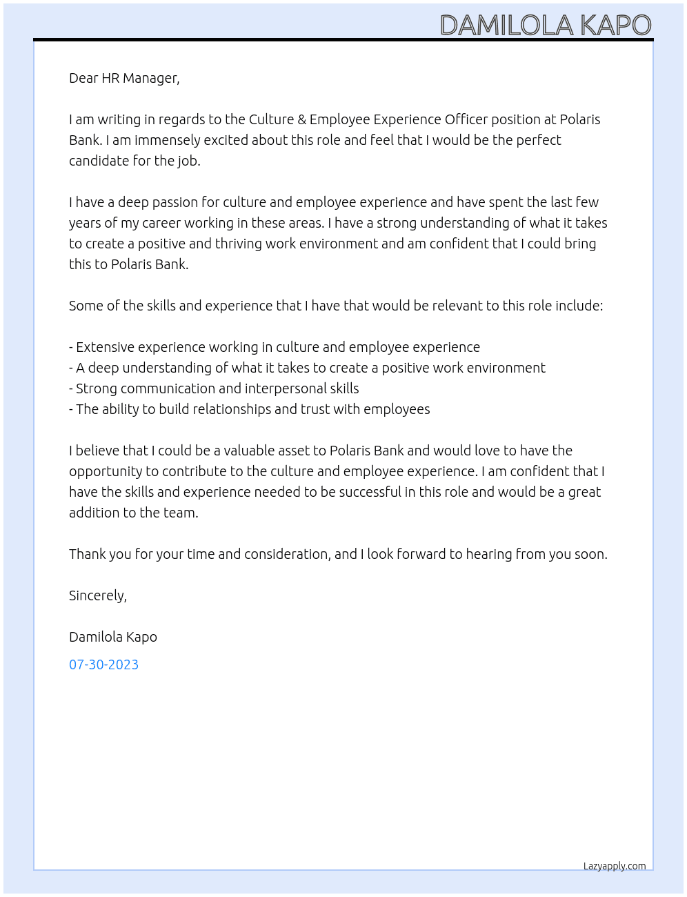 Culture & Employee Experience Officer At Polaris Bank Cover Letter