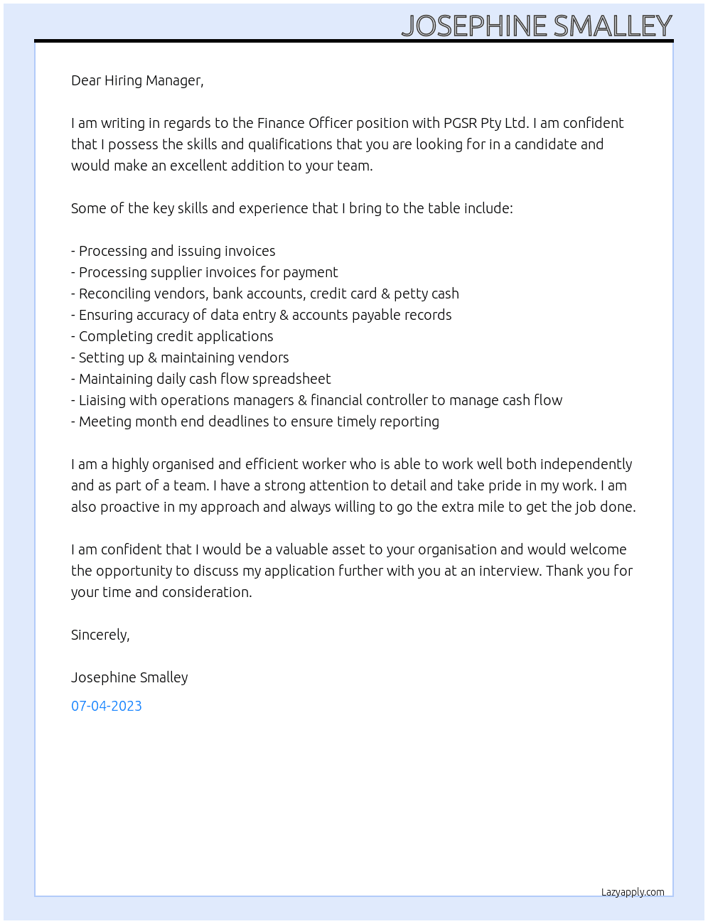 Finance Officer At PGSR Pty Ltd Cover Letter
