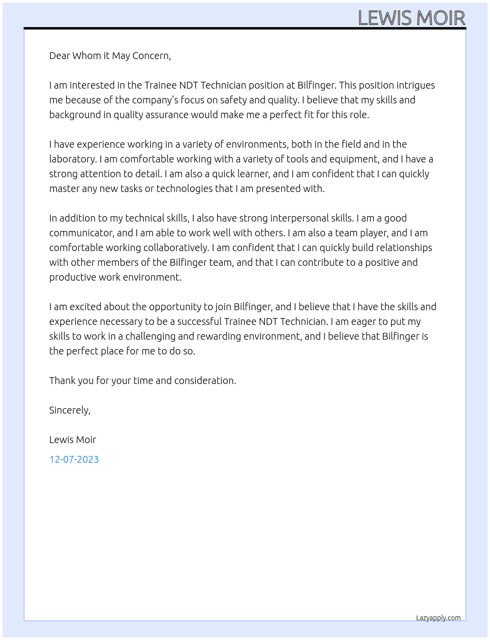 Trainee NDT Technician At Bilfinger Cover Letter