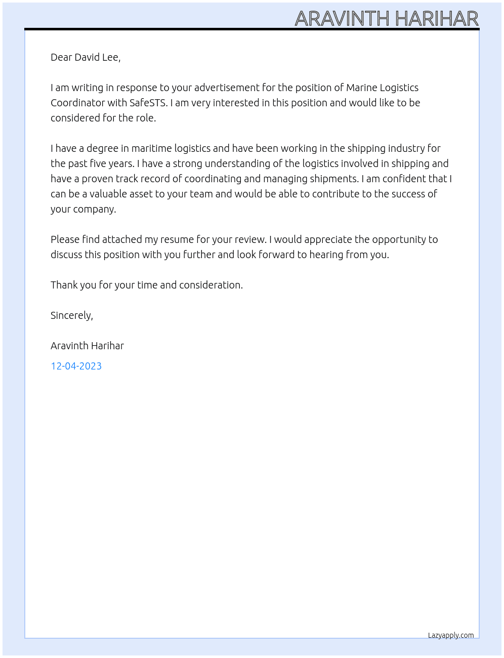 Marine Logistics Coordinator At SafeSTS Cover Letter