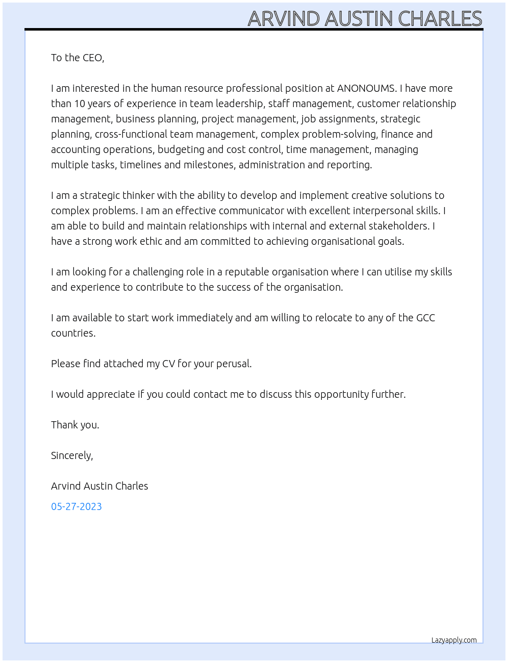 human resource professional  At ANONOUMS  Cover Letter