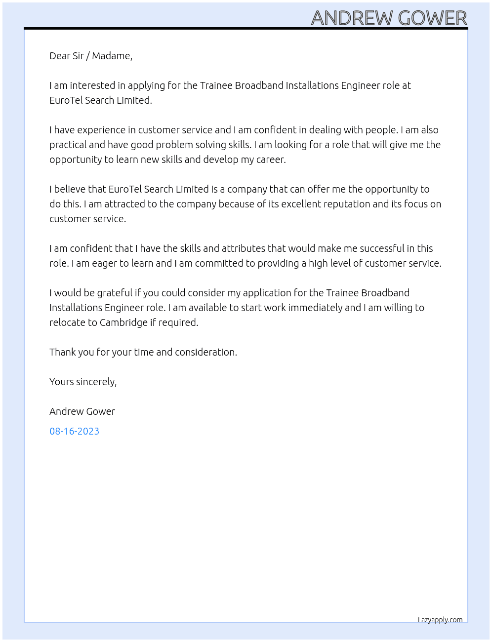 Trainee - Broadband Installations Engineers At EuroTel Search Limited Cover Letter